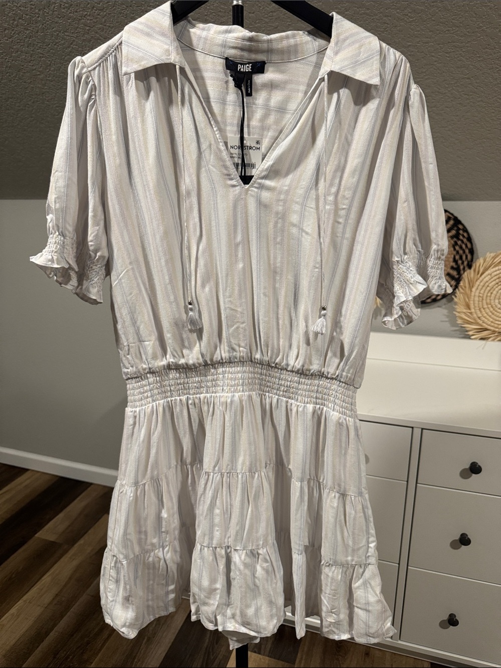 PAIGE White and Taupe Striped Cotton-Blend Tiered Shirt Dress